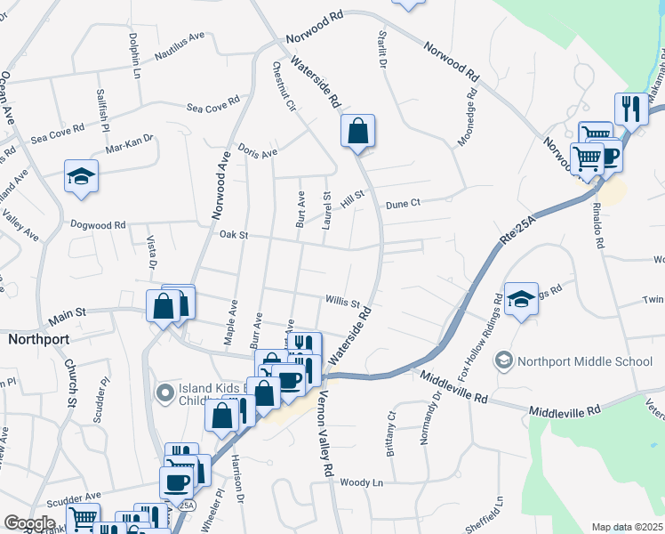 map of restaurants, bars, coffee shops, grocery stores, and more near 30 Wilhow Court in Northport