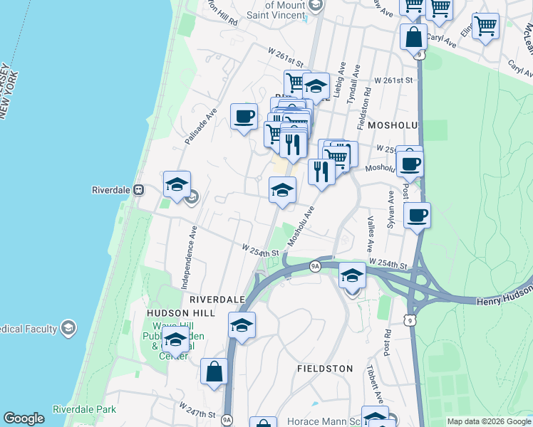 map of restaurants, bars, coffee shops, grocery stores, and more near 5530 Netherland Avenue in Bronx