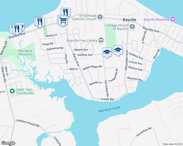 map of restaurants, bars, coffee shops, grocery stores, and more near 10 Creek Ridge Road in Bayville
