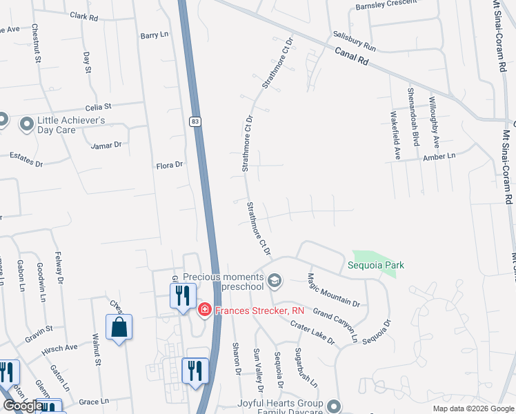 map of restaurants, bars, coffee shops, grocery stores, and more near 13 Charlottsville Court in Coram