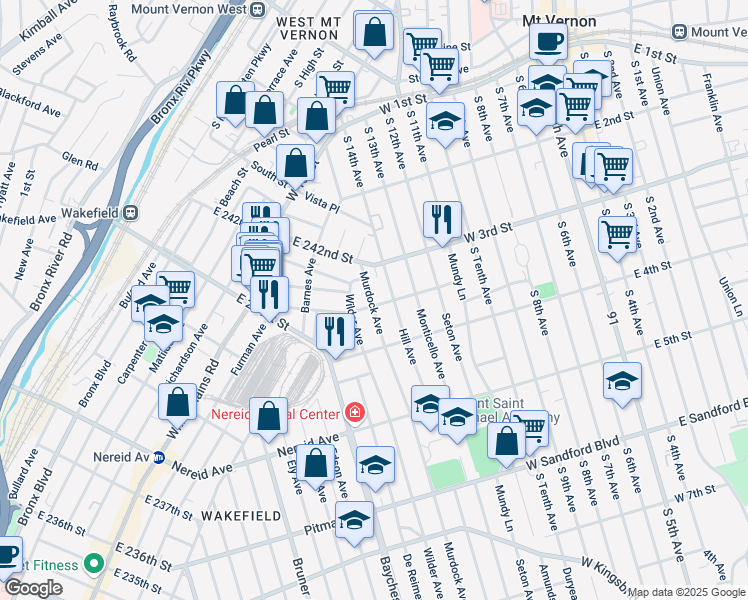map of restaurants, bars, coffee shops, grocery stores, and more near 4600 Murdock Avenue in Bronx