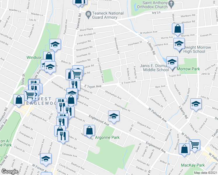 map of restaurants, bars, coffee shops, grocery stores, and more near 148 E Tryon Ave in Teaneck