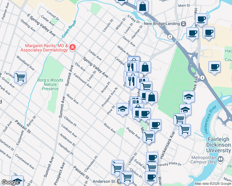 map of restaurants, bars, coffee shops, grocery stores, and more near 84 Elm Avenue in Hackensack