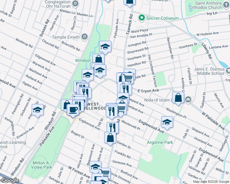map of restaurants, bars, coffee shops, grocery stores, and more near 25 Amsterdam Avenue in Teaneck