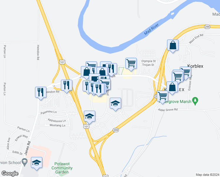 map of restaurants, bars, coffee shops, grocery stores, and more near 5036 Valley East Boulevard in Arcata