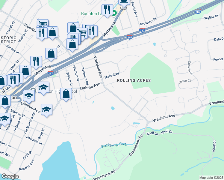 map of restaurants, bars, coffee shops, grocery stores, and more near 10 Jolie Court in Boonton