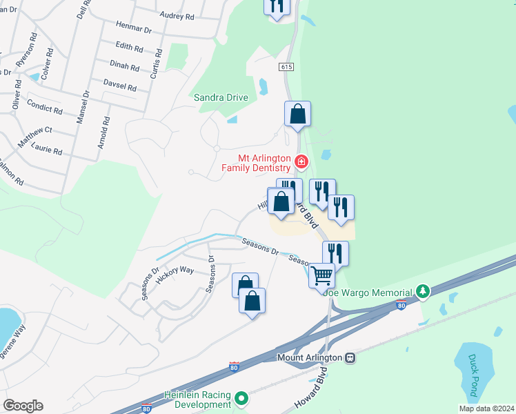 map of restaurants, bars, coffee shops, grocery stores, and more near 63 Hillside Drive in Mount Arlington