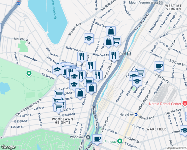 map of restaurants, bars, coffee shops, grocery stores, and more near 62 1st Street in Yonkers