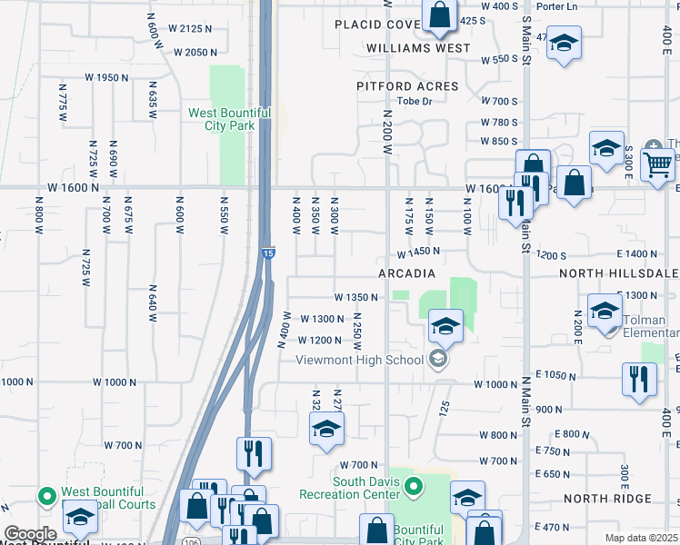 map of restaurants, bars, coffee shops, grocery stores, and more near 298a West 1400 North in Bountiful