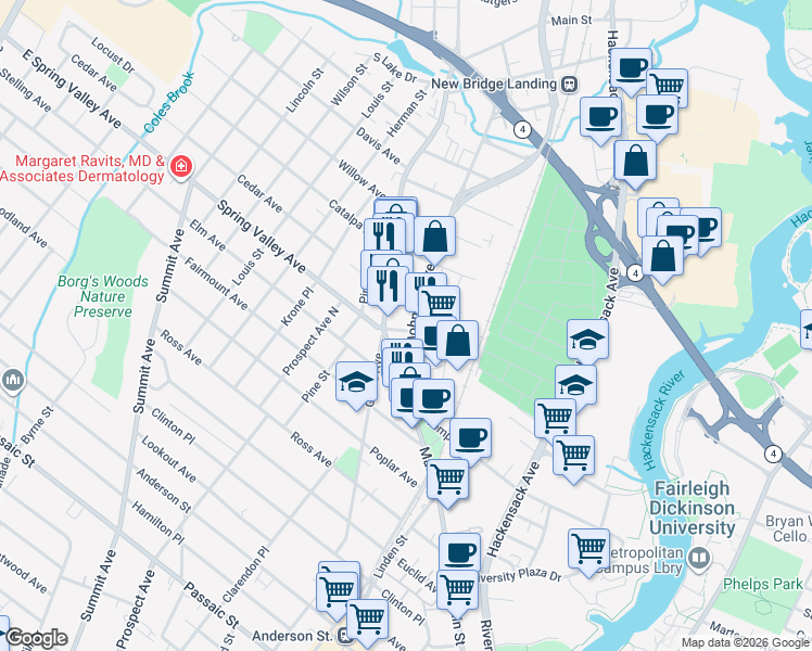 map of restaurants, bars, coffee shops, grocery stores, and more near 73 Johnson Avenue in Hackensack