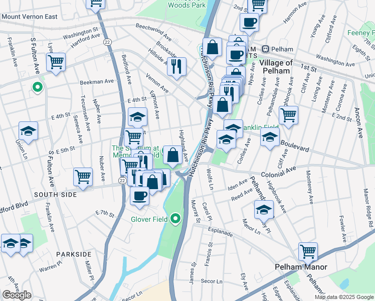 map of restaurants, bars, coffee shops, grocery stores, and more near 443 Highland Avenue in Mount Vernon