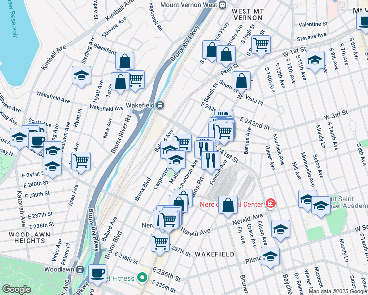 map of restaurants, bars, coffee shops, grocery stores, and more near 617 East 240th Street in Bronx