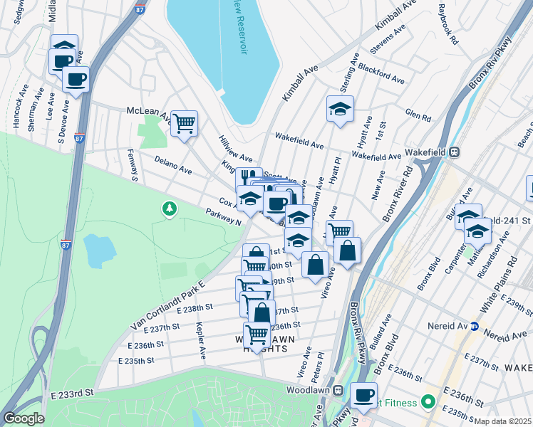 map of restaurants, bars, coffee shops, grocery stores, and more near in Yonkers