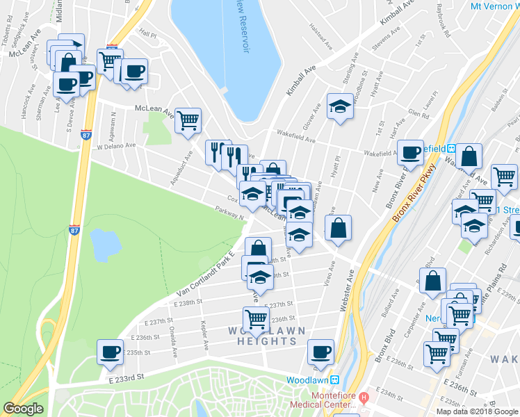map of restaurants, bars, coffee shops, grocery stores, and more near in Yonkers