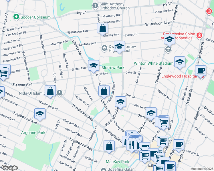 map of restaurants, bars, coffee shops, grocery stores, and more near 319 Howell Road in Englewood