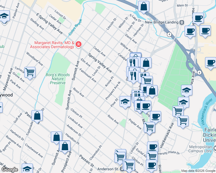 map of restaurants, bars, coffee shops, grocery stores, and more near 74 Krone Place in Hackensack
