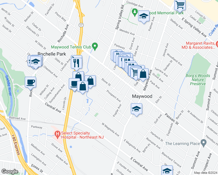 map of restaurants, bars, coffee shops, grocery stores, and more near 141 Prospect Avenue in Maywood