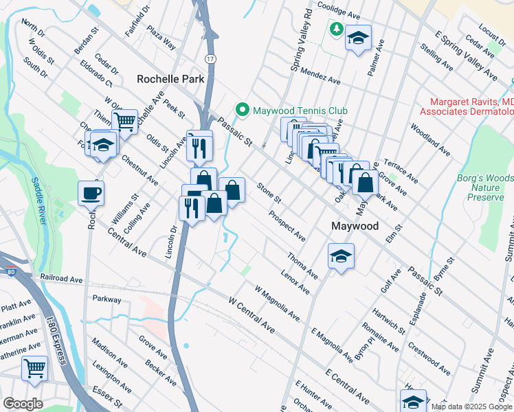 map of restaurants, bars, coffee shops, grocery stores, and more near 182 Prospect Avenue in Maywood