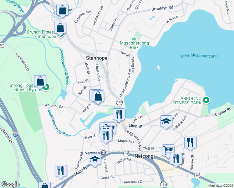map of restaurants, bars, coffee shops, grocery stores, and more near 24 New Jersey 183 in Stanhope
