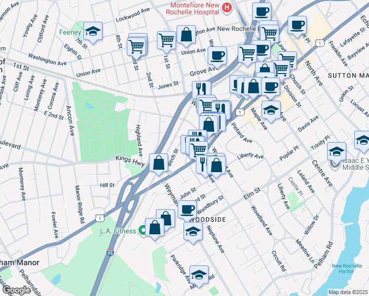 map of restaurants, bars, coffee shops, grocery stores, and more near 30 Cliff Street in New Rochelle