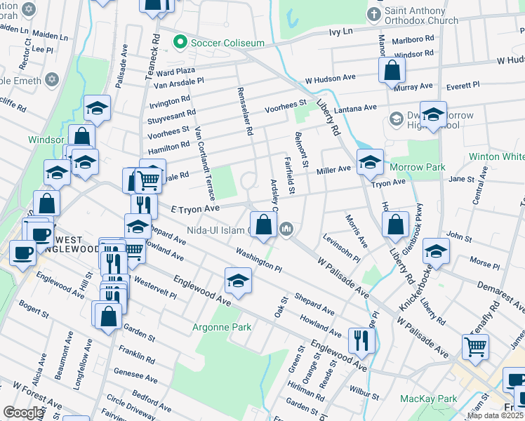 map of restaurants, bars, coffee shops, grocery stores, and more near 174 Hargreaves Avenue in Teaneck