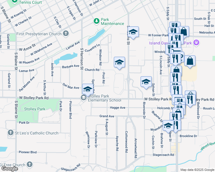 map of restaurants, bars, coffee shops, grocery stores, and more near 1507 Spruce Road in Grand Island