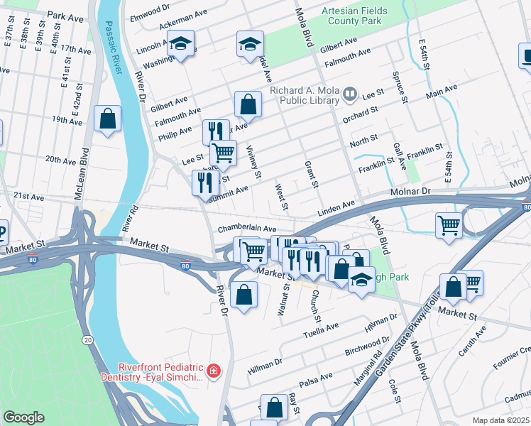 map of restaurants, bars, coffee shops, grocery stores, and more near 2 Livi Court in Elmwood Park