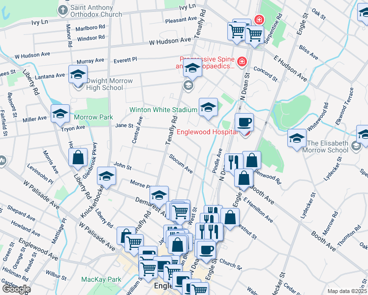 map of restaurants, bars, coffee shops, grocery stores, and more near 89 West Hamilton Avenue in Englewood
