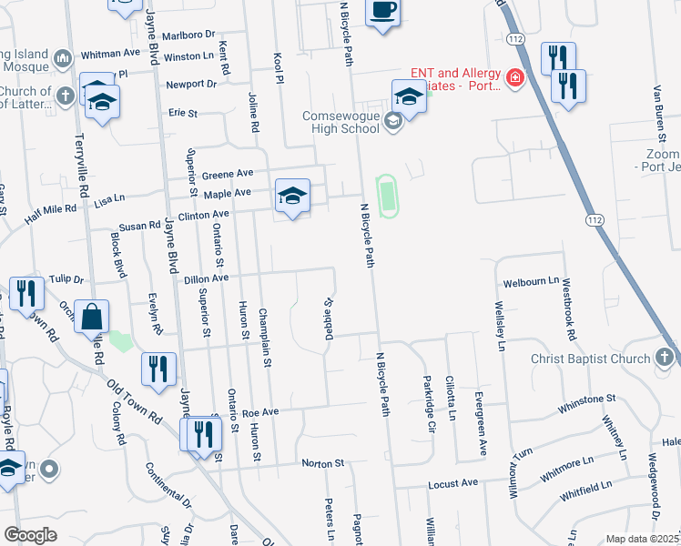 map of restaurants, bars, coffee shops, grocery stores, and more near 2 Debbie Street in Port Jefferson Station