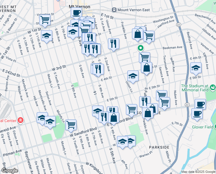 map of restaurants, bars, coffee shops, grocery stores, and more near 325 Trinity Place East in Mount Vernon