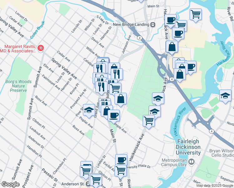 map of restaurants, bars, coffee shops, grocery stores, and more near 87 Burlews Court in Hackensack