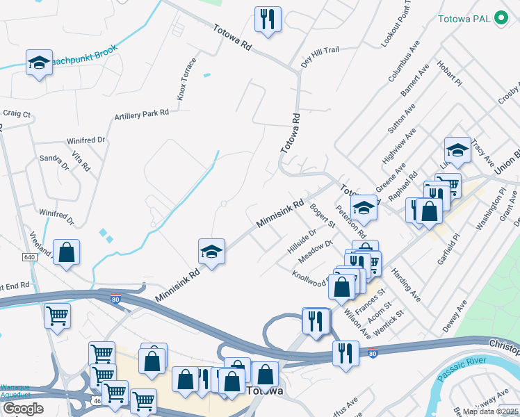 map of restaurants, bars, coffee shops, grocery stores, and more near 40 Rutherford Court in Totowa