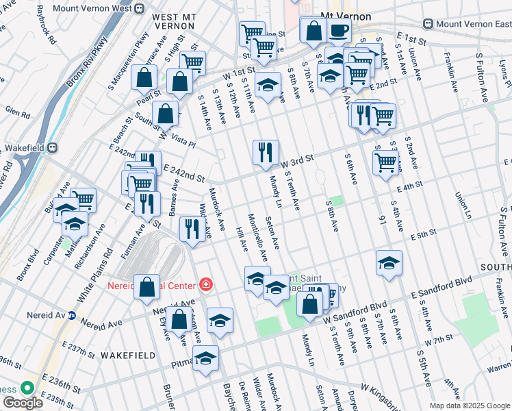 map of restaurants, bars, coffee shops, grocery stores, and more near in The Bronx