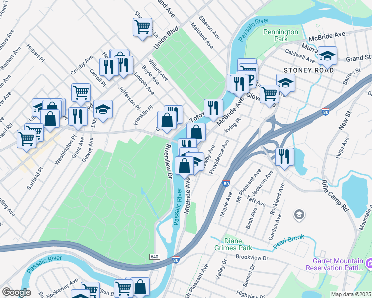 map of restaurants, bars, coffee shops, grocery stores, and more near 19 Hillery Street in Woodland Park