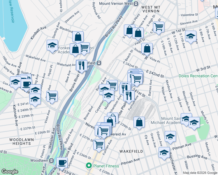 map of restaurants, bars, coffee shops, grocery stores, and more near 617 East 240th Street in Bronx