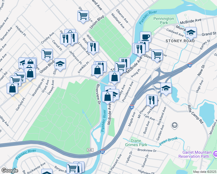 map of restaurants, bars, coffee shops, grocery stores, and more near 19 Hillery Street in Woodland Park