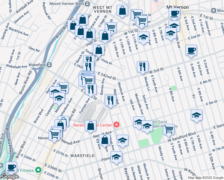 map of restaurants, bars, coffee shops, grocery stores, and more near 832 Saint Ouen Street in Bronx