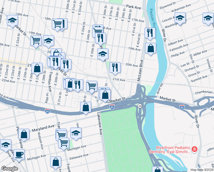 map of restaurants, bars, coffee shops, grocery stores, and more near 572 East 38th Street in Paterson