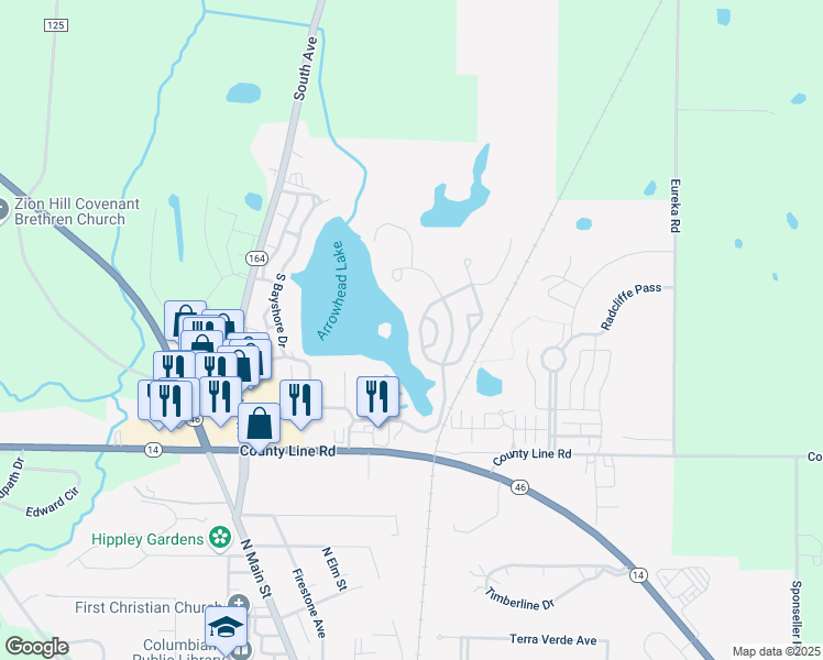 map of restaurants, bars, coffee shops, grocery stores, and more near 151 Lake Shore Drive in Columbiana