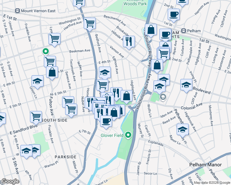 map of restaurants, bars, coffee shops, grocery stores, and more near 429 Garden Avenue in Mount Vernon