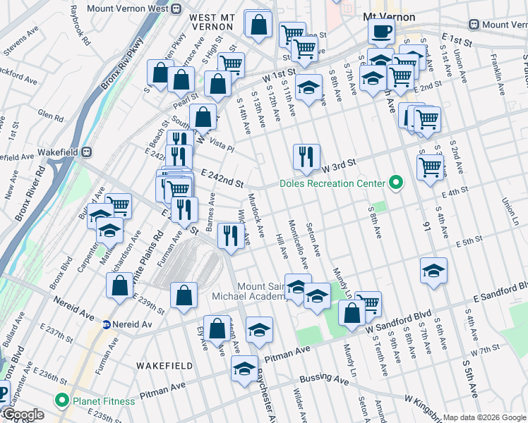 map of restaurants, bars, coffee shops, grocery stores, and more near 4600 Murdock Avenue in Bronx