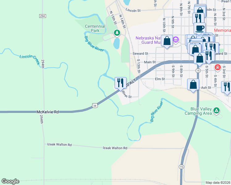 map of restaurants, bars, coffee shops, grocery stores, and more near U.S. Route 34 in Seward