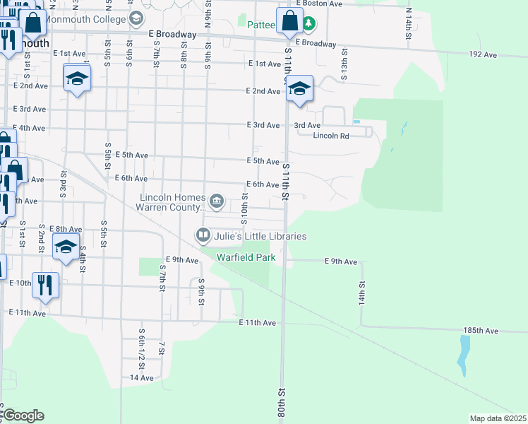 map of restaurants, bars, coffee shops, grocery stores, and more near 1133 East 7th Avenue in Monmouth