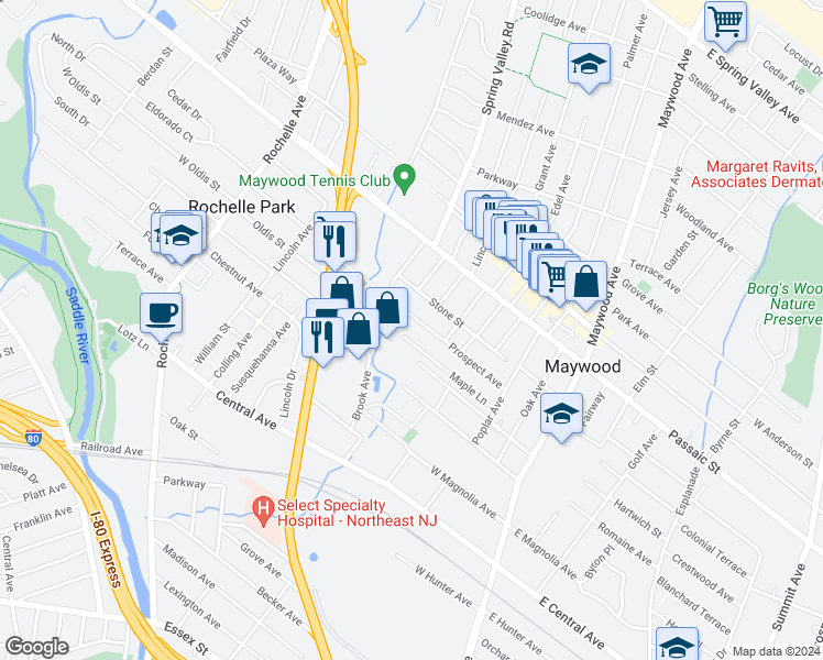 map of restaurants, bars, coffee shops, grocery stores, and more near 182 Prospect Avenue in Maywood
