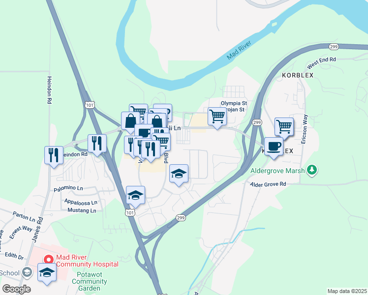map of restaurants, bars, coffee shops, grocery stores, and more near 1303 Poplar Drive in Arcata