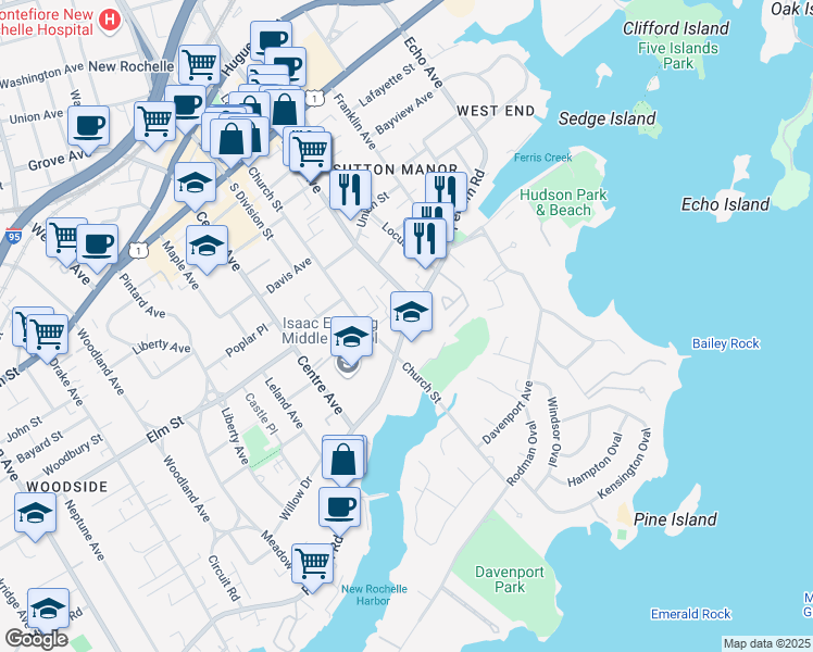 map of restaurants, bars, coffee shops, grocery stores, and more near 185 Pelham Road in New Rochelle