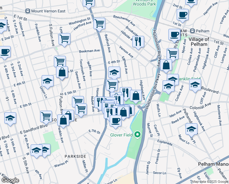 map of restaurants, bars, coffee shops, grocery stores, and more near 432 Bedford Avenue in Mount Vernon