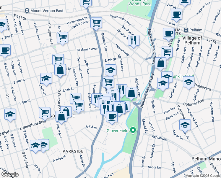 map of restaurants, bars, coffee shops, grocery stores, and more near 432 Bedford Avenue in Mount Vernon