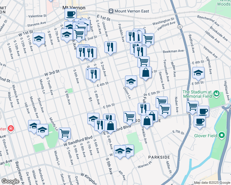 map of restaurants, bars, coffee shops, grocery stores, and more near 335 South 2nd Avenue in Mount Vernon