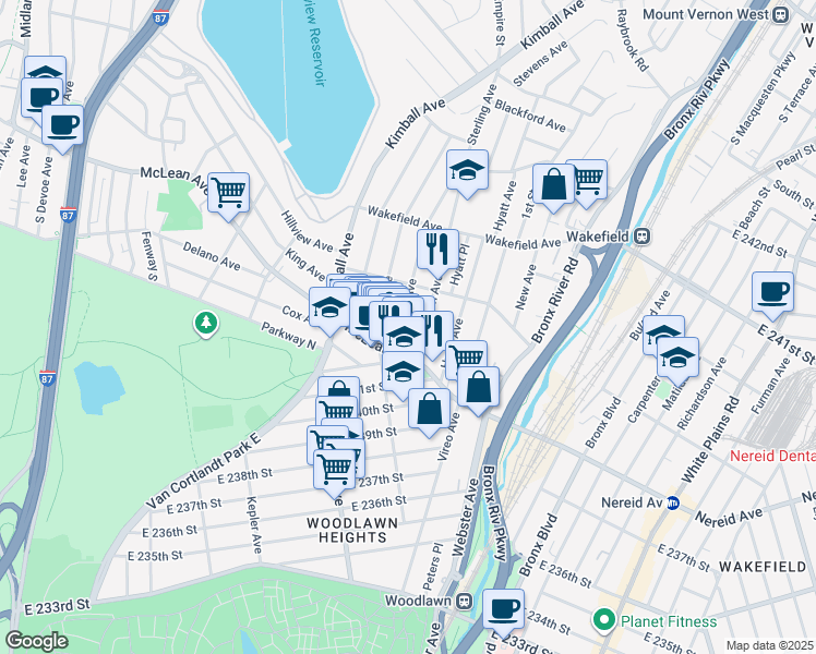 map of restaurants, bars, coffee shops, grocery stores, and more near 25 Woodlawn Avenue in Yonkers